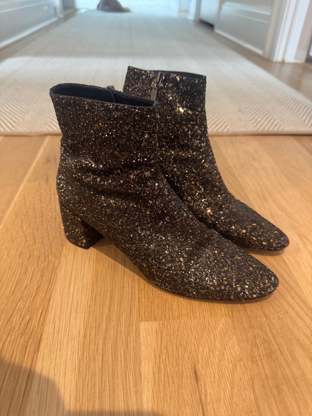 Saint Laurent Black Glitter Ankle Booties with Gold Flecks